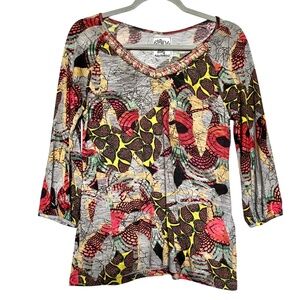 Anthropologie Cap Juluca Aldo Martins Artsy Floral Print Fringe V-neck Tee US 6